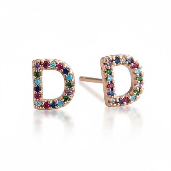 Letter D Initial Earrings Women Rainbow CZ Rose Gold Plated Hypoallergenic Studs - Picture 4 of 7